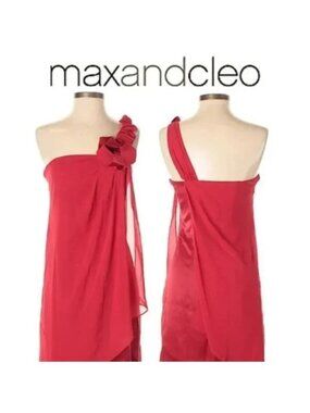 Max & Cleo Crimson Red One Shoulder Dress Ruffle Bow Sheer Overlay Size 10